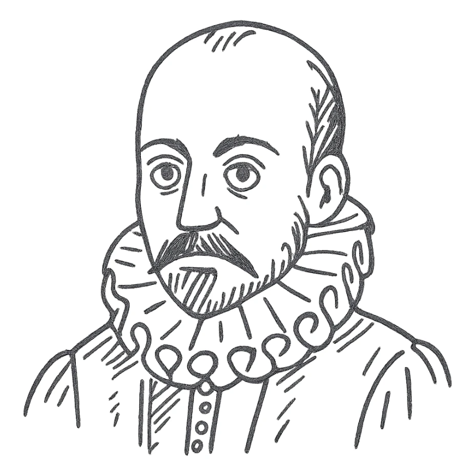 a hand drawn black outline portrait of philosopher Montaigne with similar-sized eyes based a famous portrait of him sticker