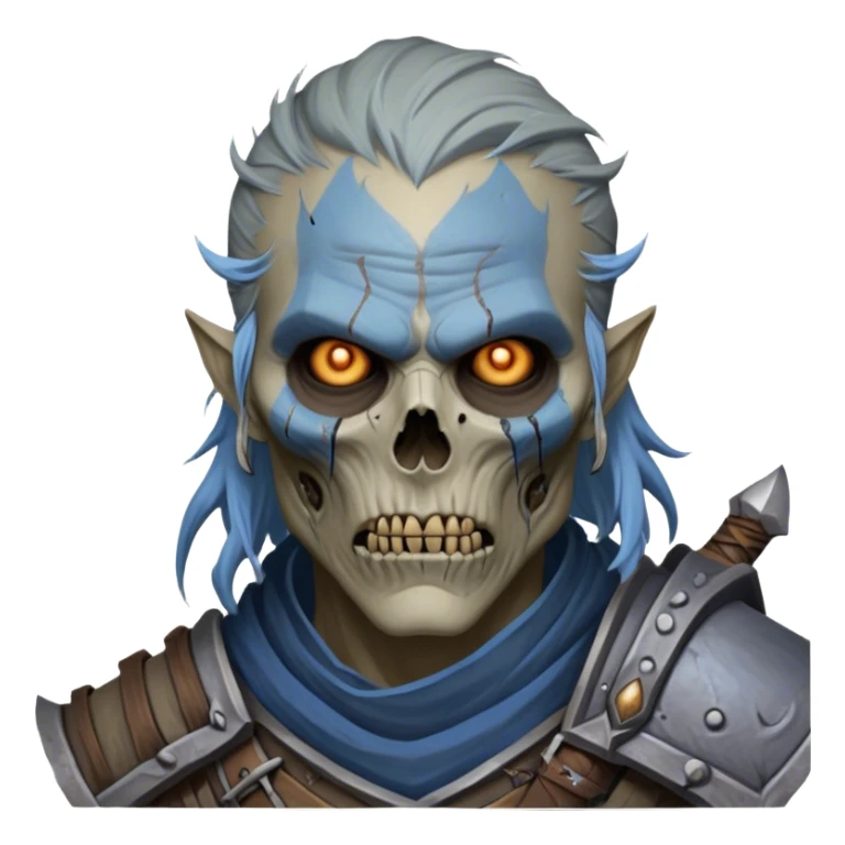 Cinematic Realistic WoW Undead Warrior Portrait, depicted with decayed yet noble features, his weathered, pallid skin etched with ghostly blue veins and ancient scars. Clad in modest, tattered attire in muted browns and greys that remain consistently rugged, his hollow eyes burn with determined defiance. Rendered with lifelike texture and dramatic natural lighting, high shine, noble and resilient, capturing the stoic spirit of an undead veteran of Azeroth. sticker