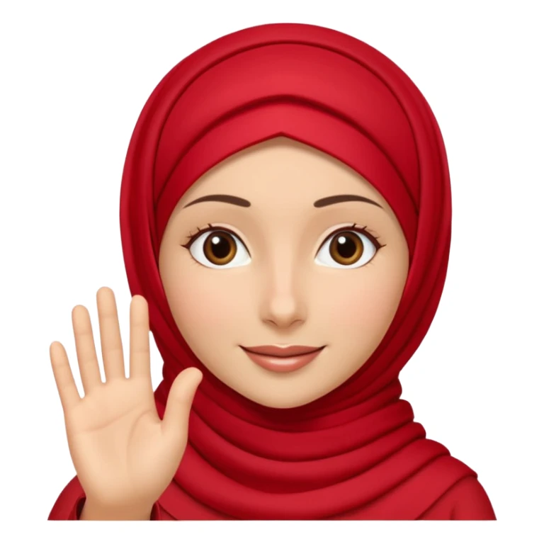 The character gently waves her hand in a slow friendly motion, warm welcoming smile, soft sparkle animation around her, red hijab accents flowing slightly, calm and kind expression, text below in rounded 3D font: “Assalamu alaykum”
🎞 Animation idea: hand wave + eye blink sticker