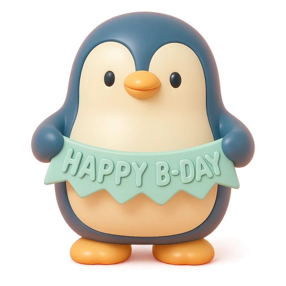 smiling penguin holding 'Happy B-Day' banner, vinyl figure style sticker