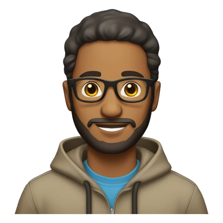 brown man with glasses, cap and hoodie with a beard sticker