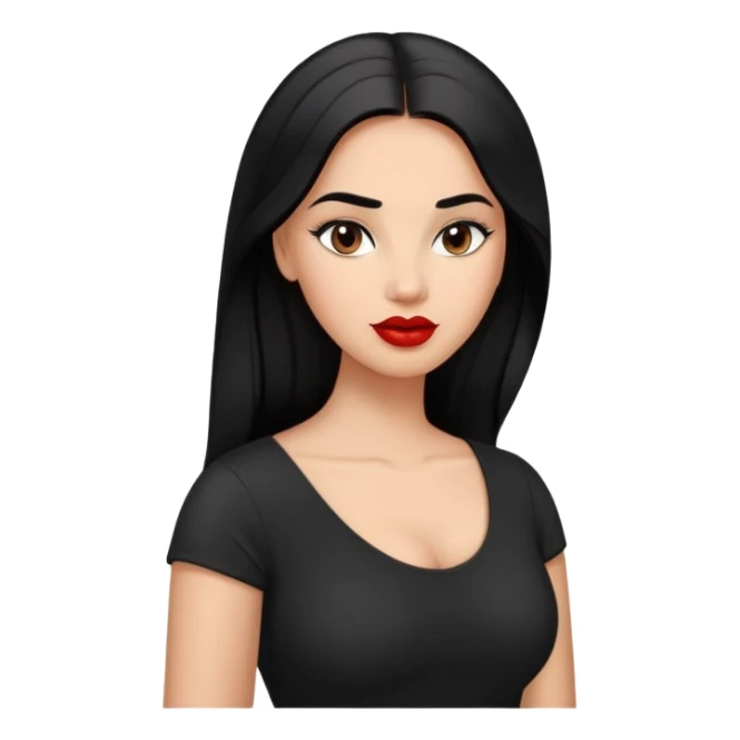 Confident curvier young woman with oval face, elegant features, medium brown skin, dark brown eyes, arched eyebrows, red lipstick, long black hair, fuller figure, wearing a black top sticker