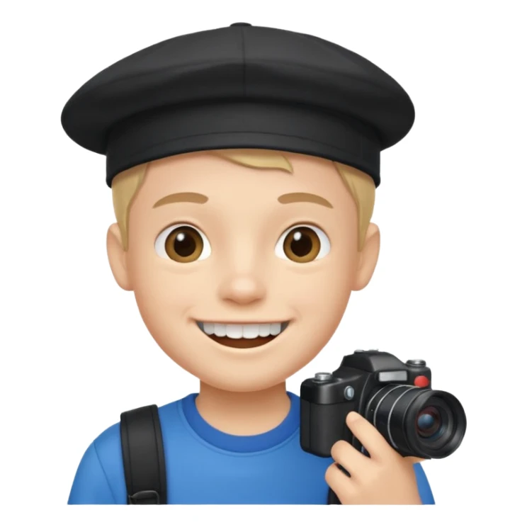 smiling schoolboy with large front teeth wearing a black cap holding a camera sticker
