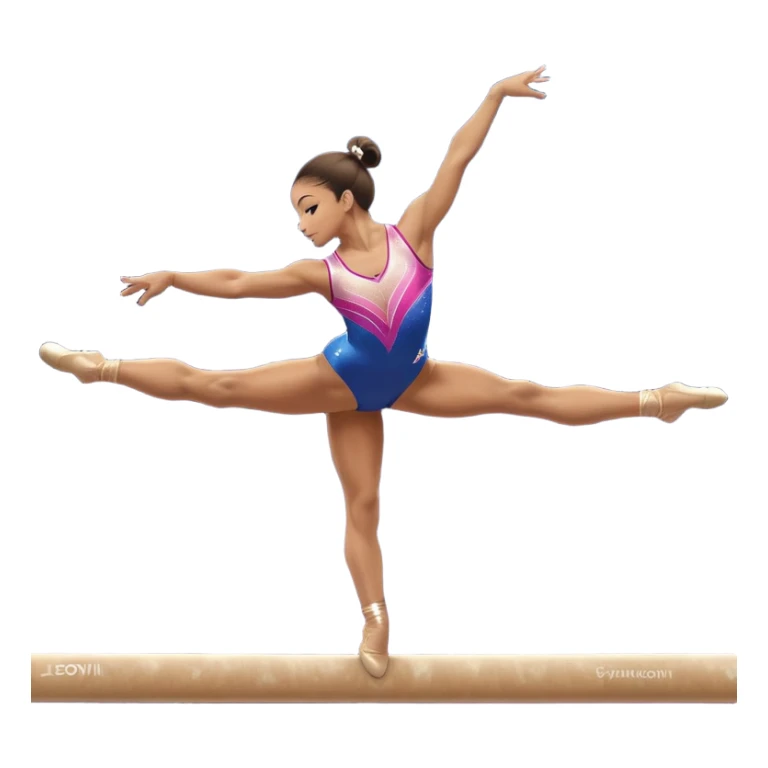 A gymnast performing a flawless routine on the balance beam, showcasing strength and grace. The scene captures the precise, elegant movement with perfect balance and form. The background features a gymnastics arena with vibrant lighting and cheering crowds, emphasizing athleticism and poise. sticker