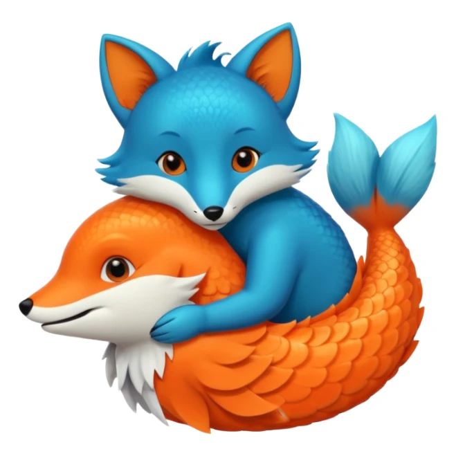 Make a bright orange fish and a teal blue fox that are hugging or cuddling each other sticker