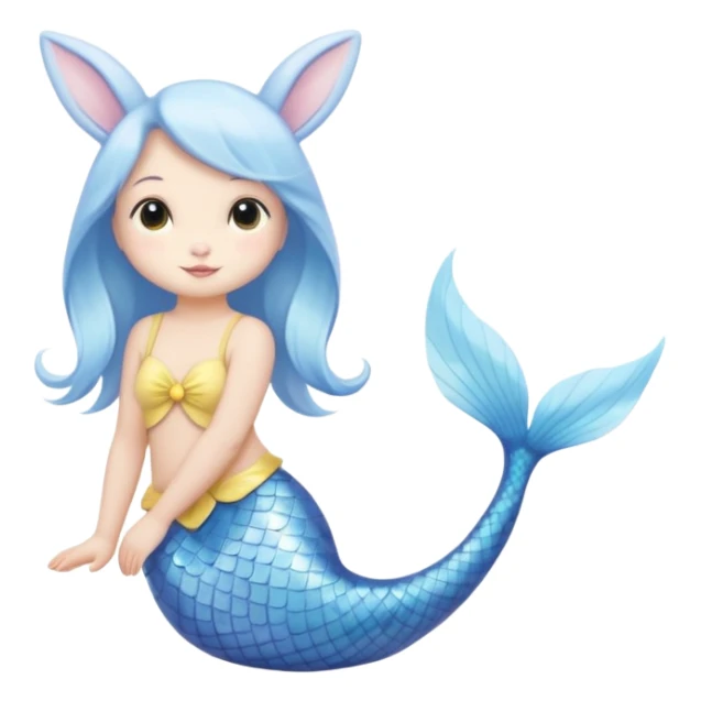 cute bunny with a mermaid tail, sitting and looking back, soft white fur, pastel blue and yellow fish tail sticker