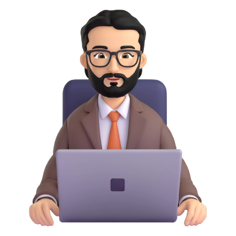 professional middle eastern businessman with well-groomed medium length black beard, neat black hair, connected eyebrows, elongated nose, tan skin, brown eyes, modern glasses, wearing perfectly pressed business casual outfit, efficiently working on a laptop sticker