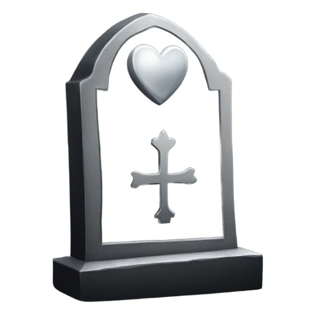 a black tombstone in silver RIP and a silver heart sticker
