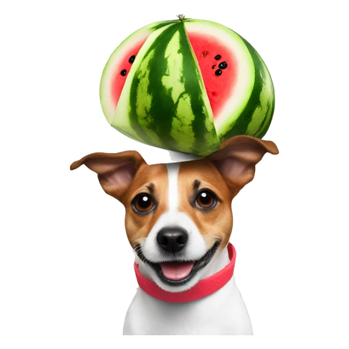 a jack russel with a watermelon on his head making a helmet of himself sticker
