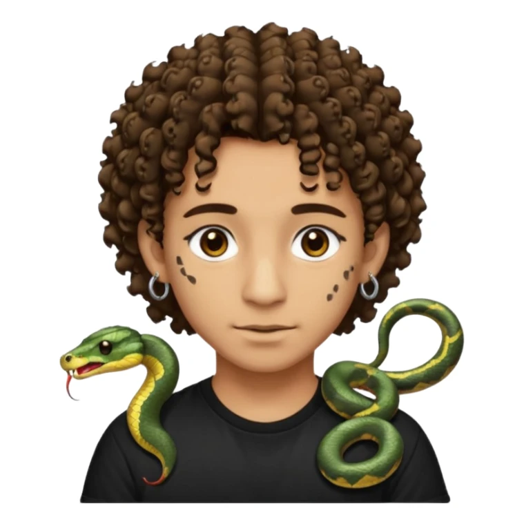 Chico con cabello medio corto, rizado, con ojos marrones, piel trigueña, con dos piercings debajo del labio (Snake bites) y dos piercings en cada oreja con pendientes negro, con polera negra sticker