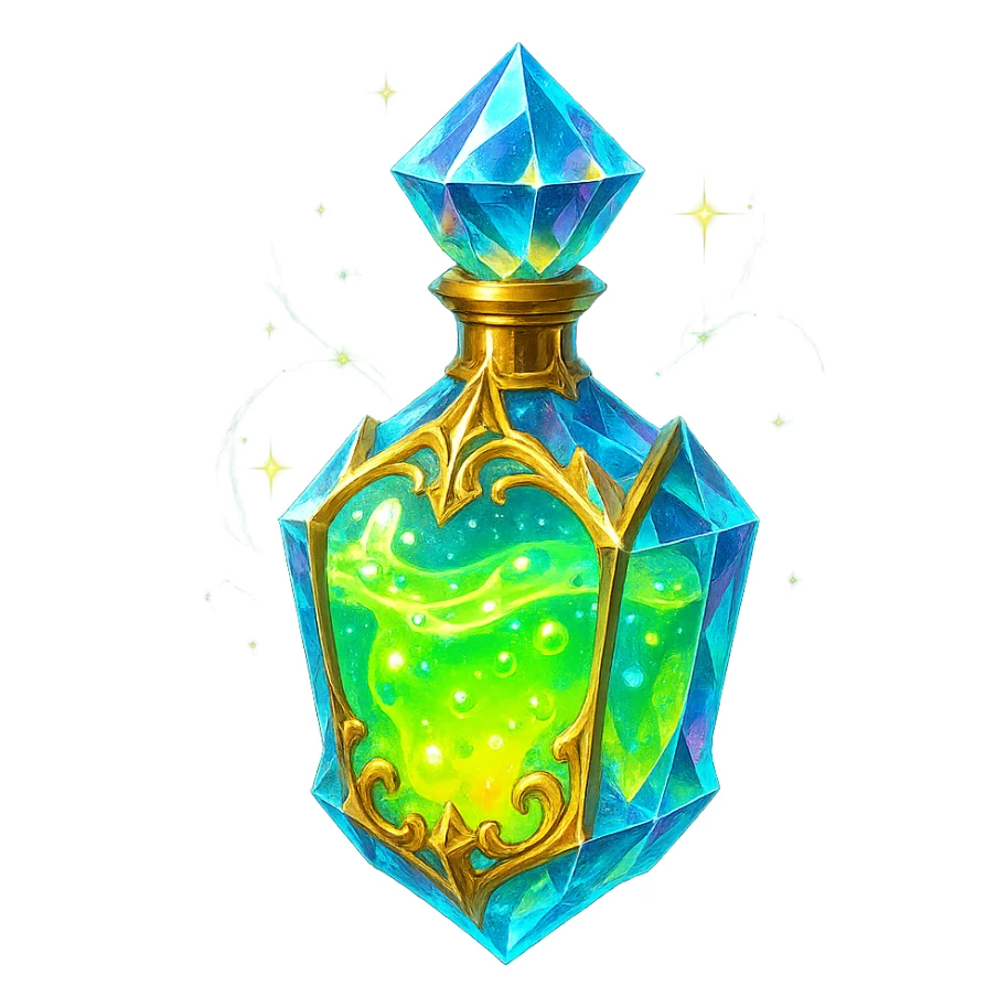 luxurious crystal elixir bottle resembling liquid glowing slime, bright colors, lots of shine, edges, ornaments, golden details, magical effects, very small golden neck, transparent background, beautiful seamless bottom, bottle clearly floating in air, no base or shadow, premium class impression, playful design, liquid style, matching crystal, luxurious, magical bottle collection sticker