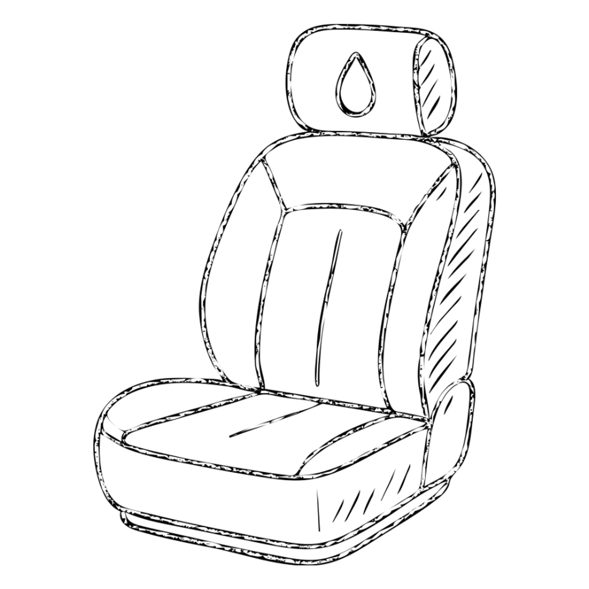 hand-drawn outlined icon of a luxury car seat in matte black with a small droplet or shield on the headrest, elegant stitching, minimalist lines, clean and modern sticker