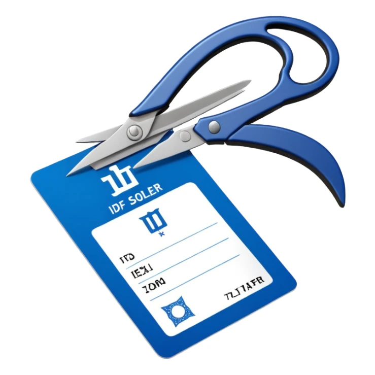 black Scissors cutting an idf soldier ID card in 2 parts .hyper realistic sticker