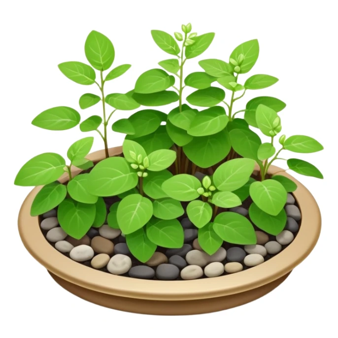 Small dish garden with Plectranthus Verticillatus sprouts having perfectly circular coin-shaped leaves arranged with small rocks sticker