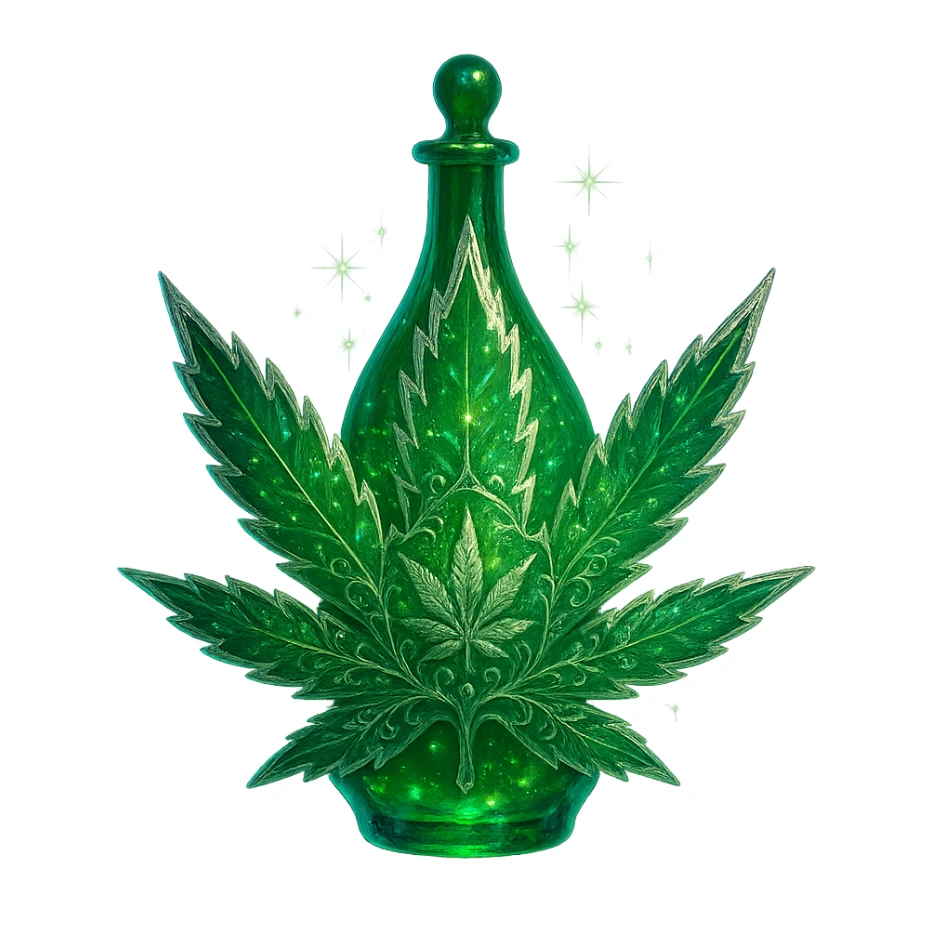 cannabis leaf-shaped luxurious elixir bottle or with cannabis motifs, vibrant green color, iridescent and silver details, intense magical glowing and sparkling effects, very small neck, seamless bottom, floating, no base or shadow, modern, matching a collection, transparent background sticker