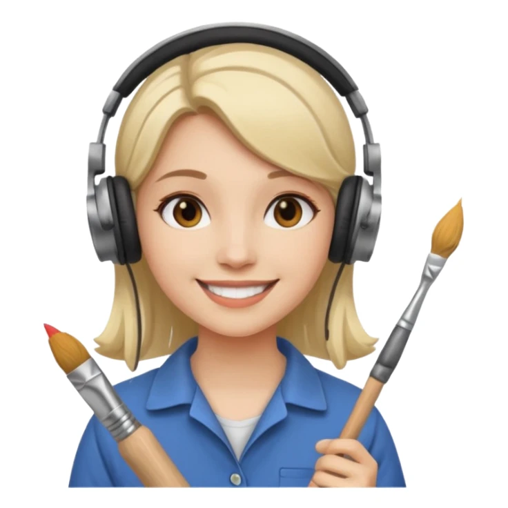 female artist wearing headphone, holding painter sticker