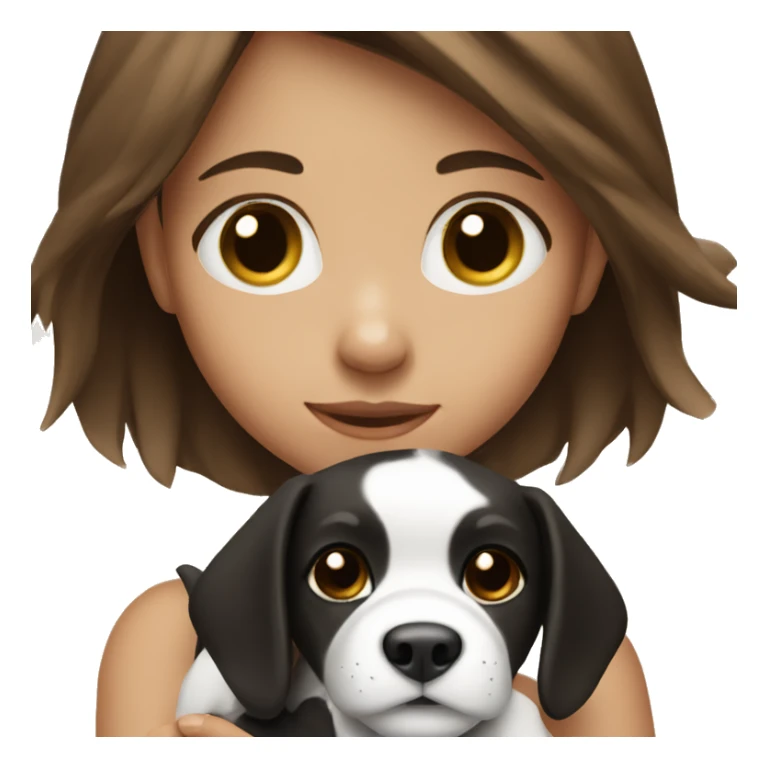 a girl with brown hair holding a black and white puppy sticker
