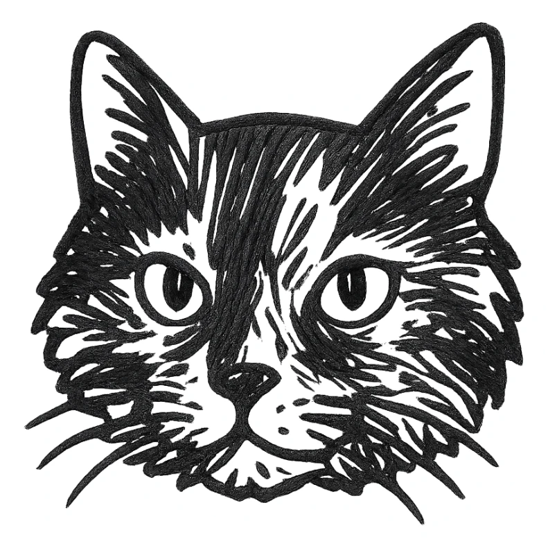 tortie cat face, hand-drawn sketch style, detailed fur, white background sticker
