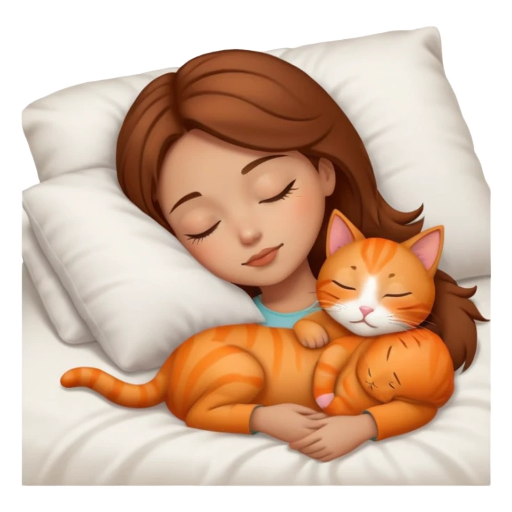 tan girl brown hair sleeping with orange kitty sticker