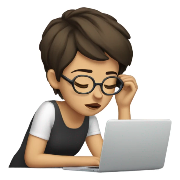 Tired brunette  short hair glasses at a laptop with headache sticker