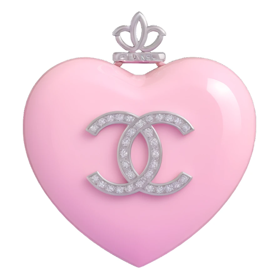 Add a soft pink glow around the glossy white heart with diamond accent and silver Chanel logo, elegant, white and silver color scheme, keep the background transparent except for the glow. sticker