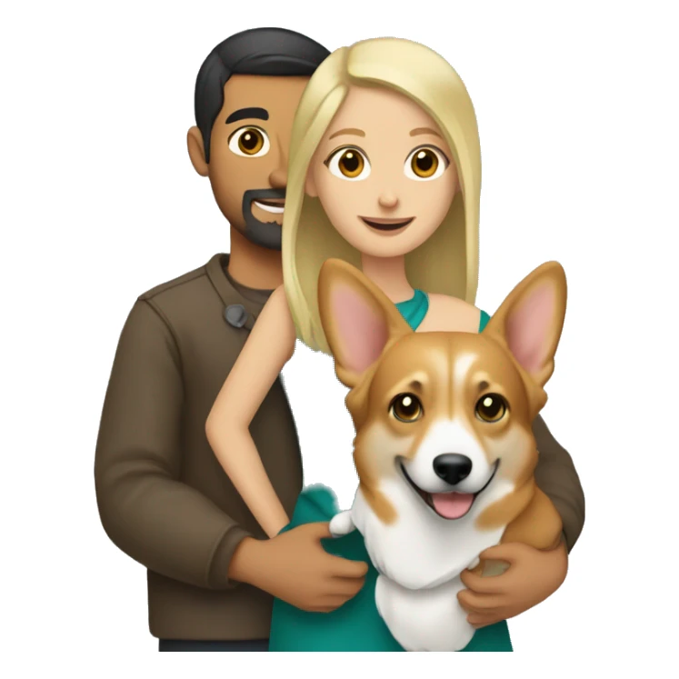 blonde girl with arab guy holding a corgi in their arms sticker