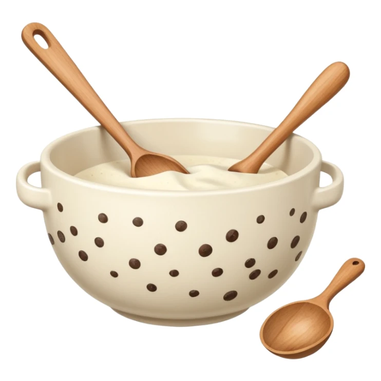a cream ceramic mixing bowl with a wooden spoon stirring sticker