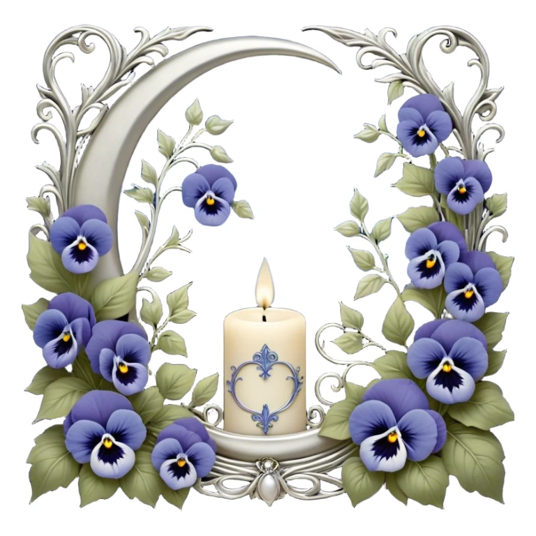A peaceful sanctuary under the glow of a silver crescent moon, where lush blue pansies bloom in a secluded garden. The pearl-colored candle, adorned with delicate engravings, flickers with a soft luminescence, its wax melting into artistic patterns. Silver ivy vines weave through the flowers, catching the moon’s glow. A gentle breeze lifts tiny petals into the air, creating a serene and poetic atmosphere, while subtle celestial runes appear faintly in the candle’s light. sticker