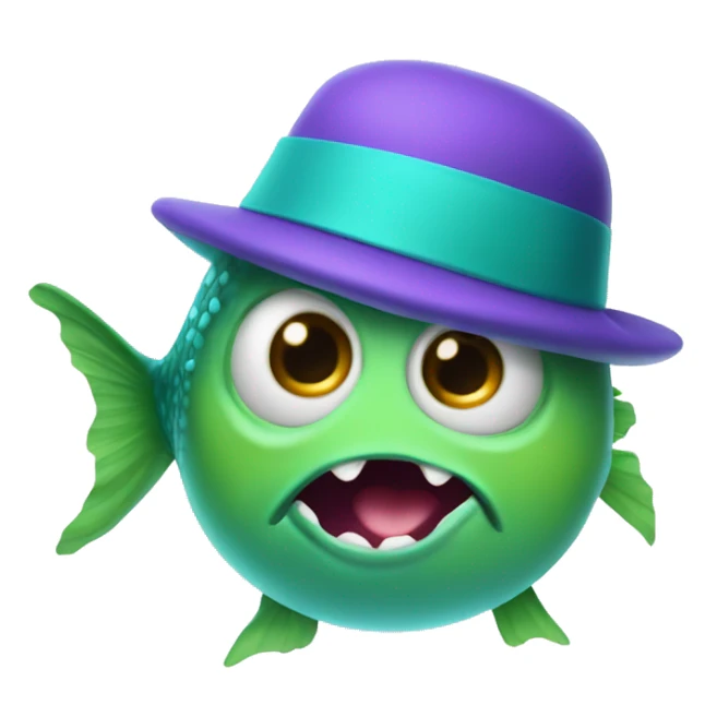 green and Robin egg blue fish monster wearing a purple hat sticker