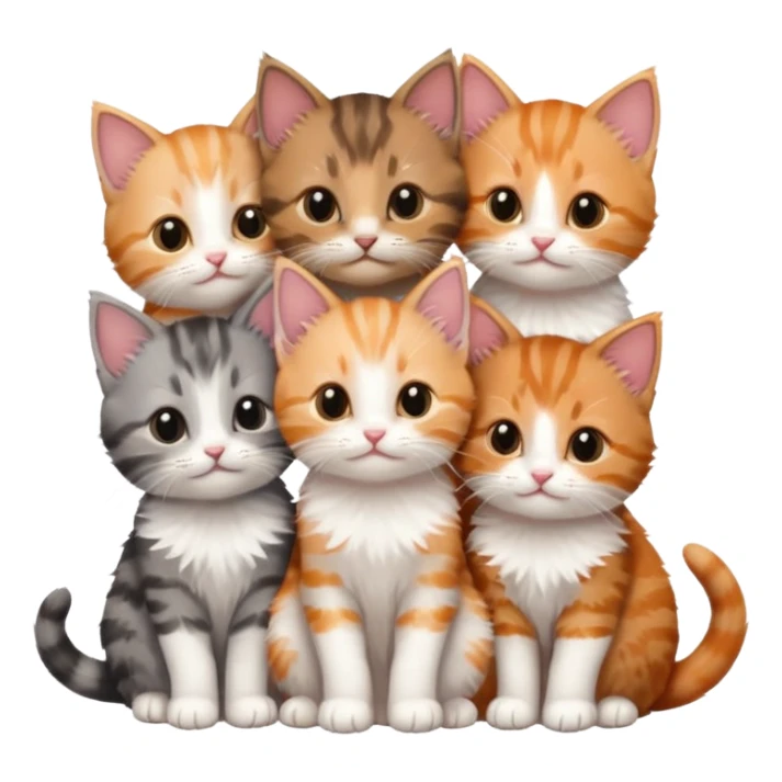 6 tiny kittens cuddling together all different colours, the first one is grey and white, the second is ginger and white and the third is brown tabby and white sticker