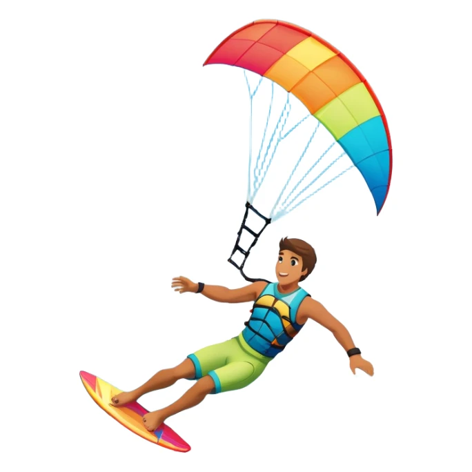 A professional kite surfer performing a high-flying trick on the waves, with a colorful kite soaring above. The background features a stunning landscape of rolling ocean waves, a bright sky, and distant mountains, emphasizing the skill and freedom of the sport. sticker
