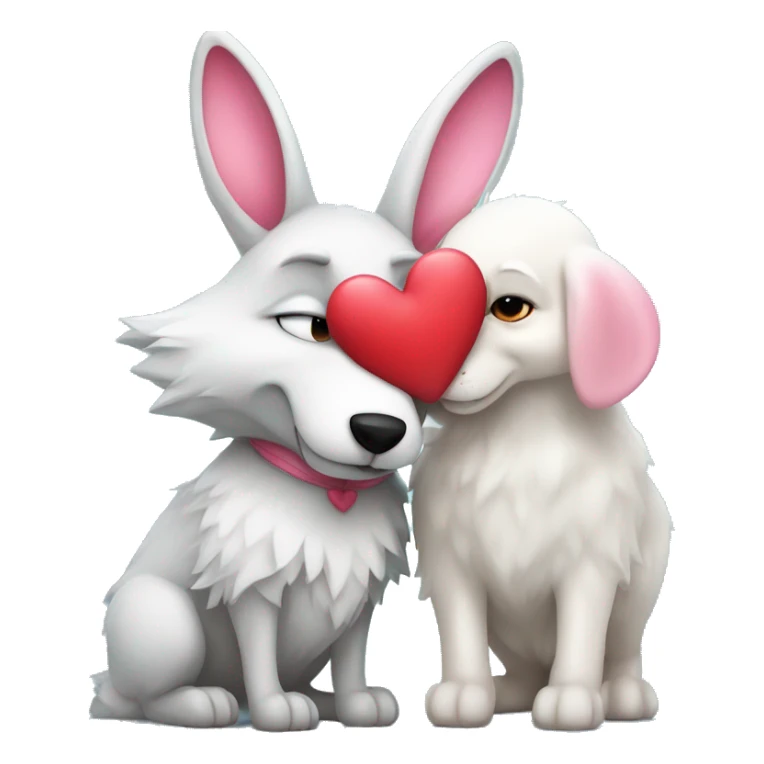 Old Wolf kissing white Bunny with pink ears, with big red heart between them  sticker