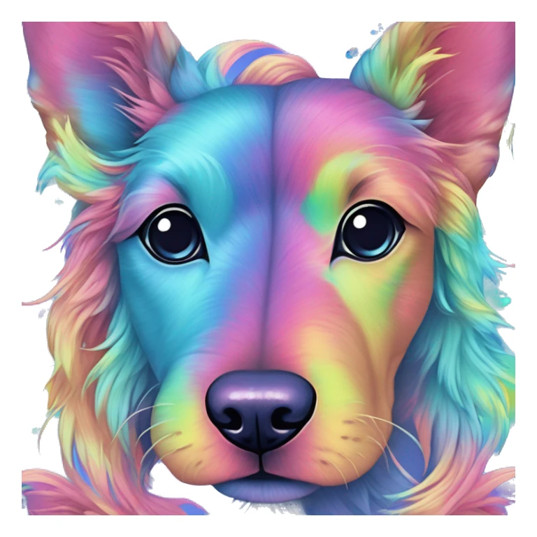 Multicolored rainbow retro groovy tie dye hippie trippy floral patterns on a metallic holographic iridescent blue dog face head unicorn sticker