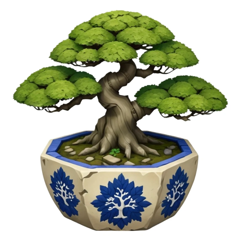 Japanese very old broken intricate Stone Age rocky-crusted dodecahedron-shaped shallow dark moss rough bark blue willow flower maple tree bonsai pot sticker