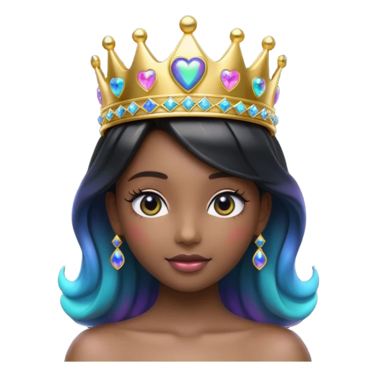 3D rendering, glossy black heart emoji icon, wearing hyperrealism 10k Gold sparkling tiara princess crown covered in black opal that has a futuristic multicolor Shimmer, clean lines on a transparent background sticker