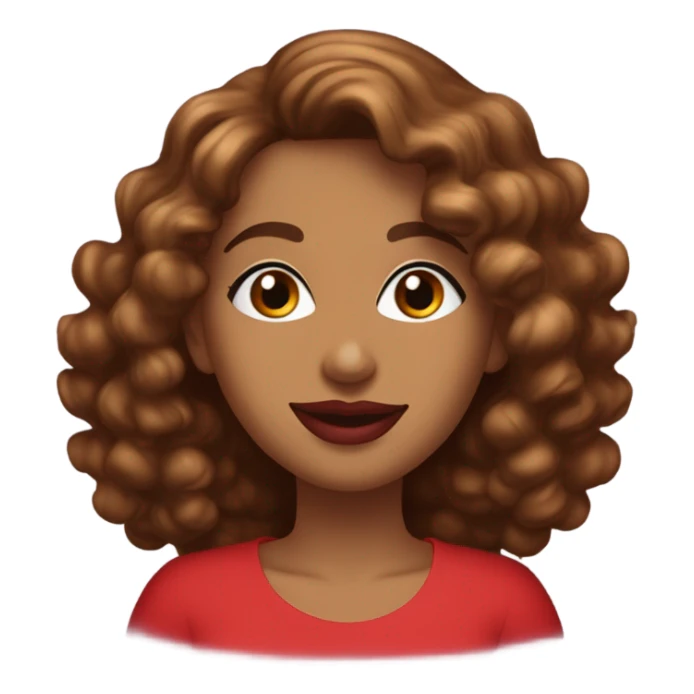 Light brown lady smiling, medium brown long curly hair, bright red lips, eyelashes, wearing red “happy Valentine’s Day” t shirt sticker