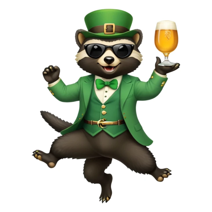 friendly anthropomorphised honey badger in a classic leprechaun suit with shamrock accessories, wearing sunglasses, jumping, St. Patrick's Day, no beer sticker