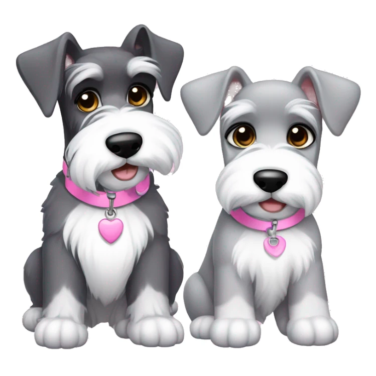 One big gray schnauzer with dark eyes that’s wearing a black collar with a silver tag next to a small all white puppy schnauzer that’s wearing a pink collar sticker