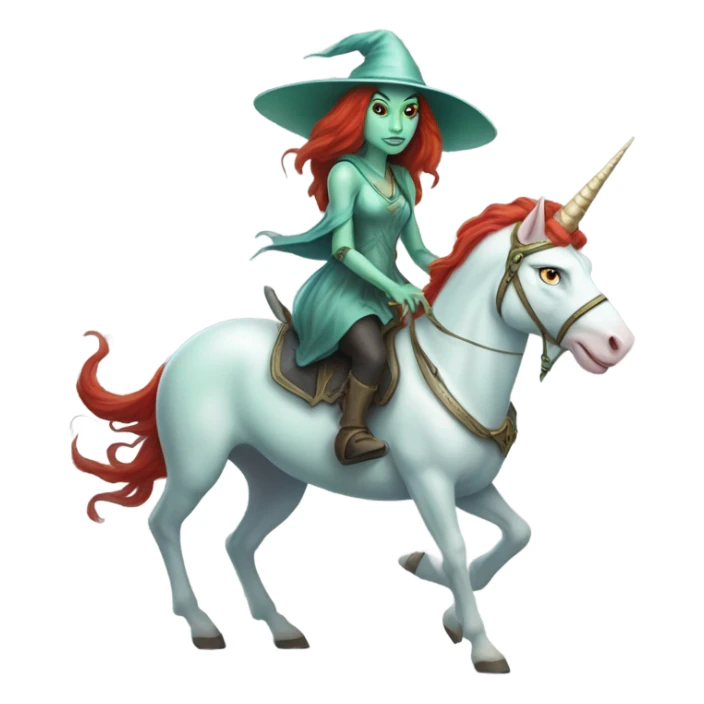 [politically incorrect, (
	{ female, alien, witch, color: light green, hair:red, eyes:cat} ]
	on a 
	[{ unicorn: white, legged:four, mane: light blue }]) sticker