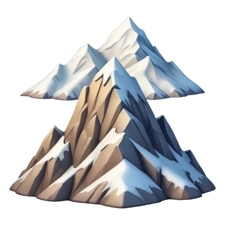 iOS-style 3D emoji: a tall mountain peak with snowy summit, steep slopes, and soft atmospheric shading, viewed from a low angle to emphasize height sticker