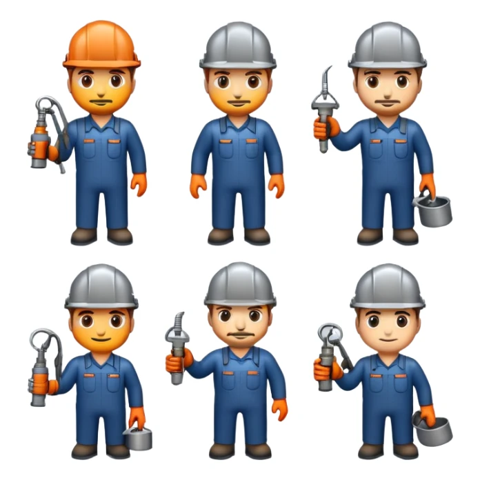 Professional custom emojis of industrial workers: welder, grinder, CNC operator, spray painter, metalworker. Modern, clean, slightly 3D style. Industrial color palette: steel gray, navy, orange. Transparent background sticker