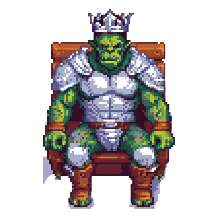 pixel art crowned orc, sitting on a throne, silver crown, muscular build, 16-bit style sticker