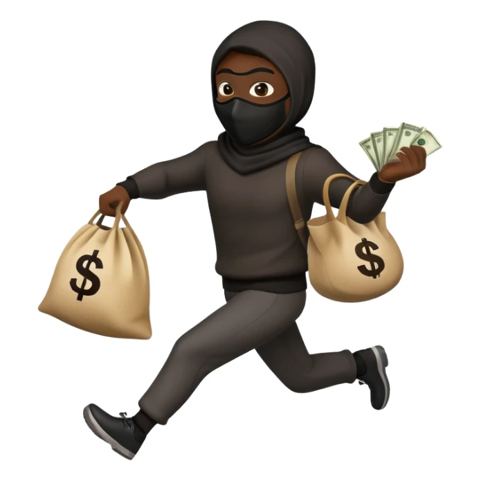thief with mask, running and holding a money bag sticker