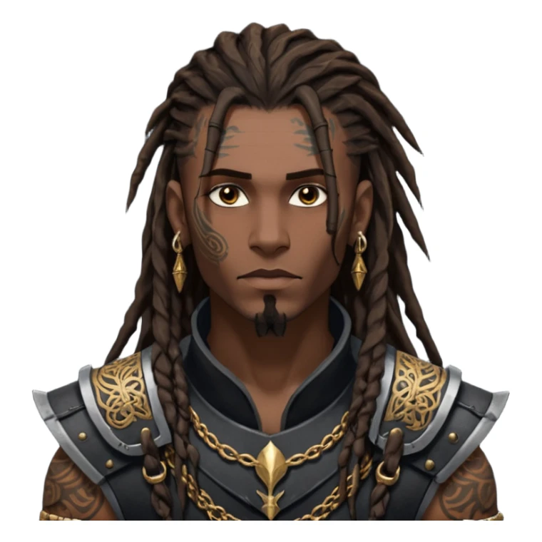 A dark-skinned figure with hollow cheekbones, a sharp jawline, and intense dark brown eyes. His hair is a mess of 7-inch-long dreadlocks, with a fresh hairline and low taper. His body is covered in intricate tattoos, and he wears an armor vest. Gold earrings adorn his ears, and his  sticker