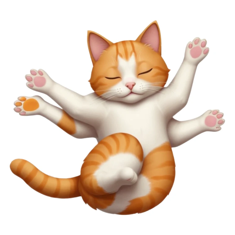 ginger and white small cat eyes closed lying down upside down with paws stretched out in different directions sticker