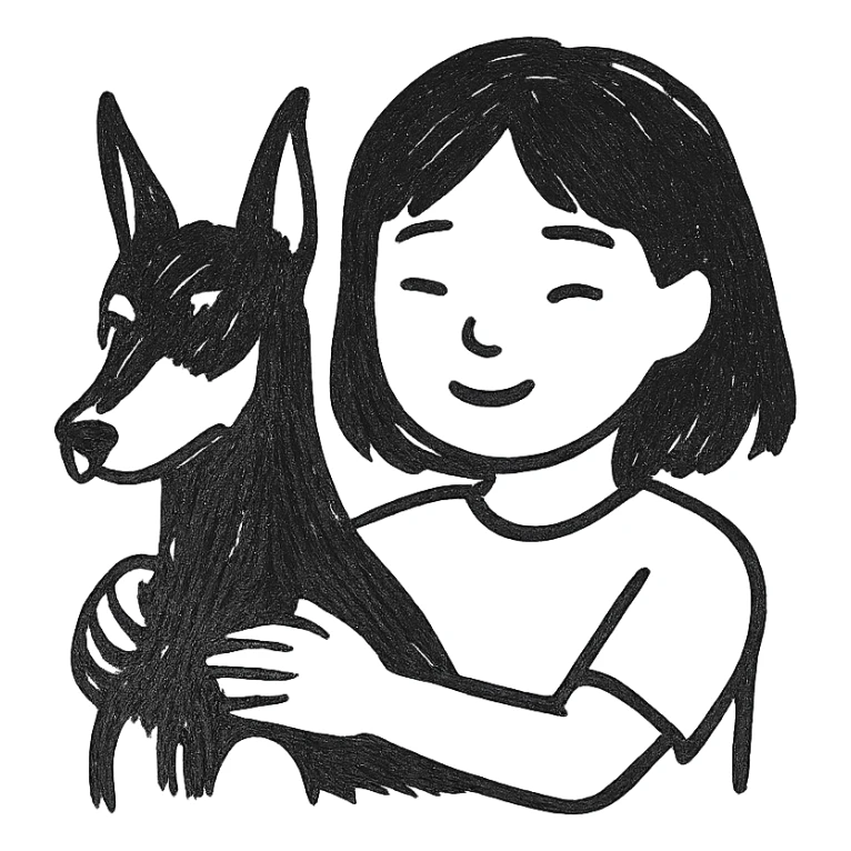 A medium black hair Asian girl holding a Doberman sticker