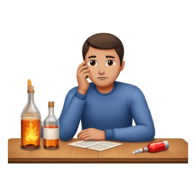 apple style emoji of a man sitting sadly at a table with a bottle on the table, a house burning behind him sticker