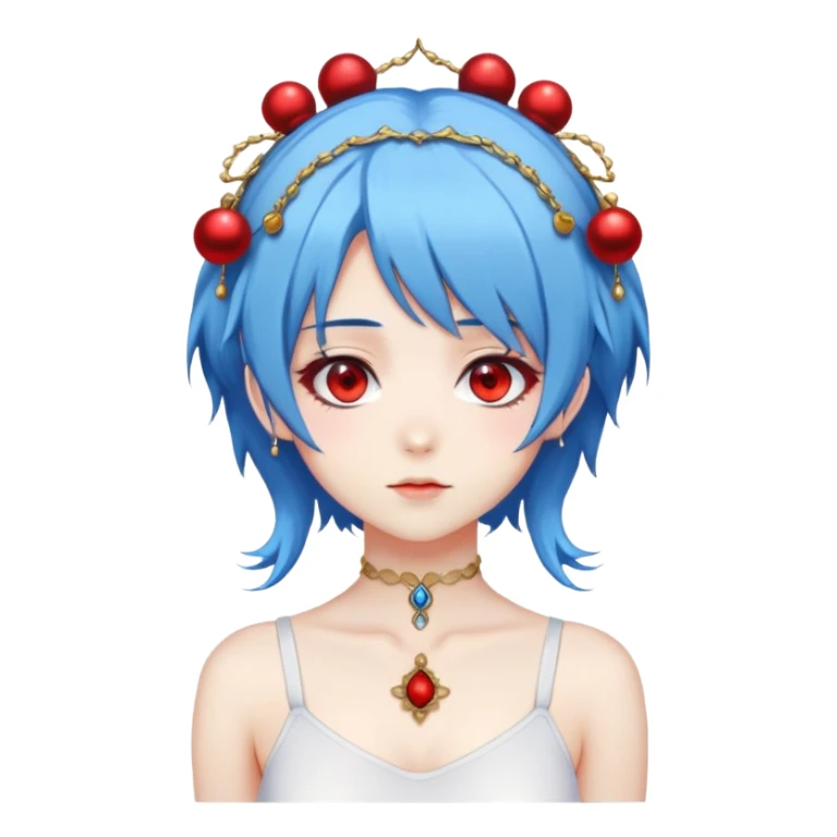 blue haired anime girl with red eyes, two dangly thangs on her head and a white bodysuit sticker