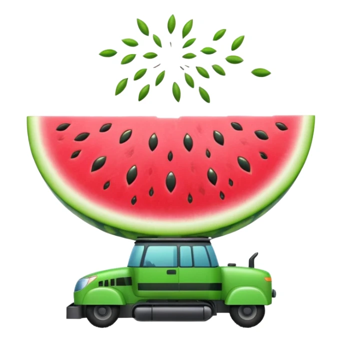 A UFO shaped like a slice of watermelon abducting seeds with a tiny tractor beam. Bright fun colors, cartoon style, minimal shadows, transparent background. sticker