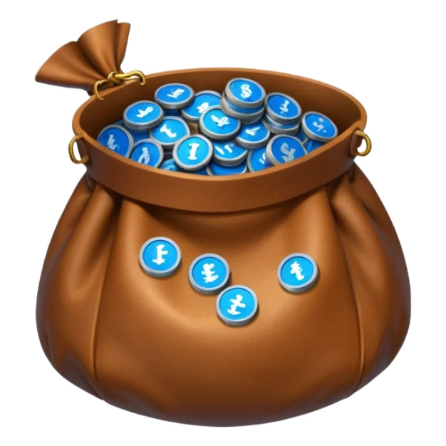 blue coins inside an opened brown money bag  sticker